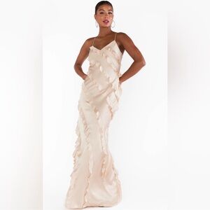 Show me your mumu romance ruffle dress-champagne luxe satin.